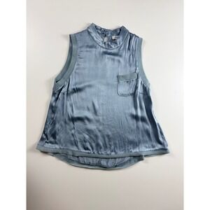 Fate Womens Dusty Blue Satin Mock Neck Sleeveless Top Ribbed Trim Size M